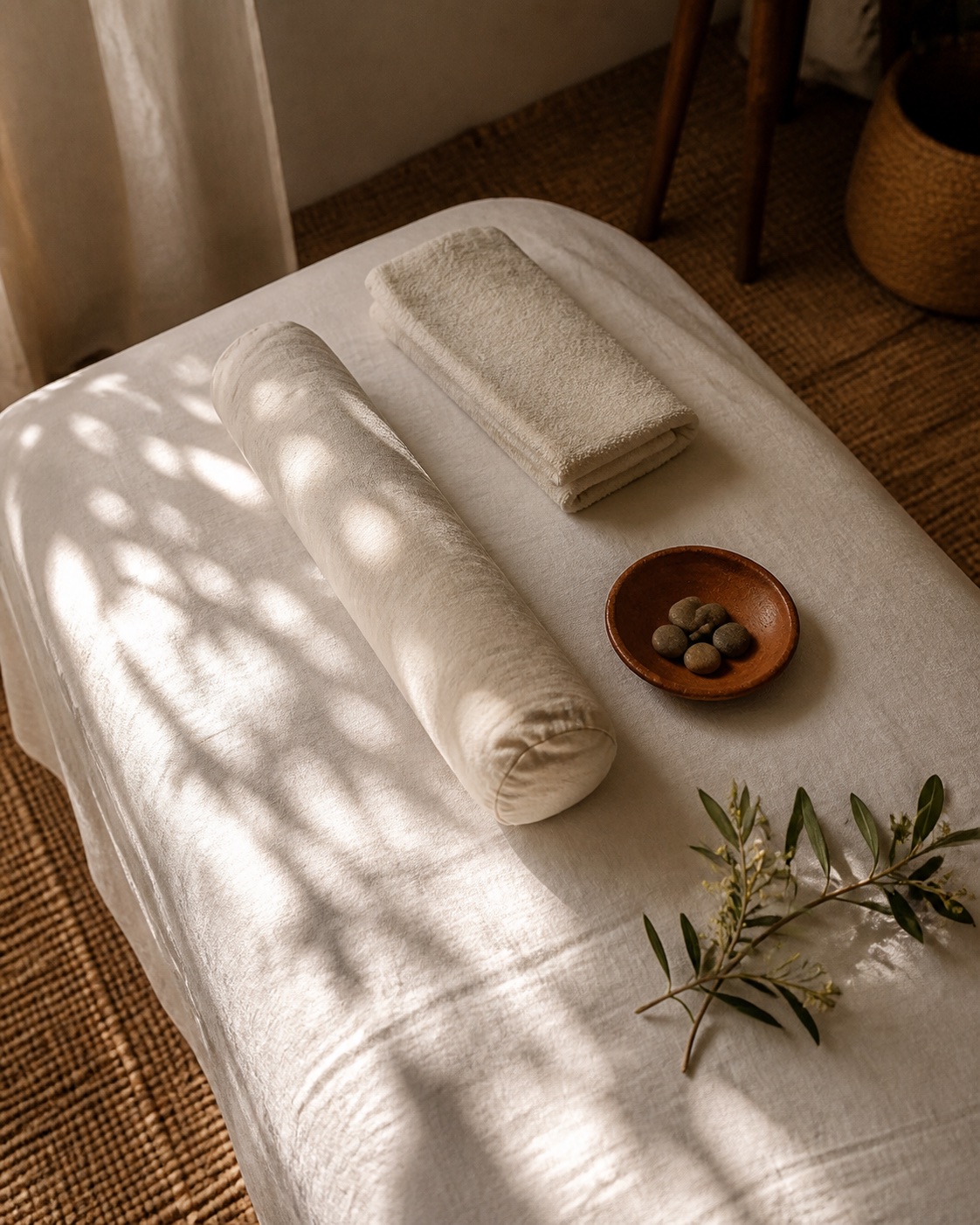 Massage table prepared with natural linens, a bolster, olive branches, and a handmade dish